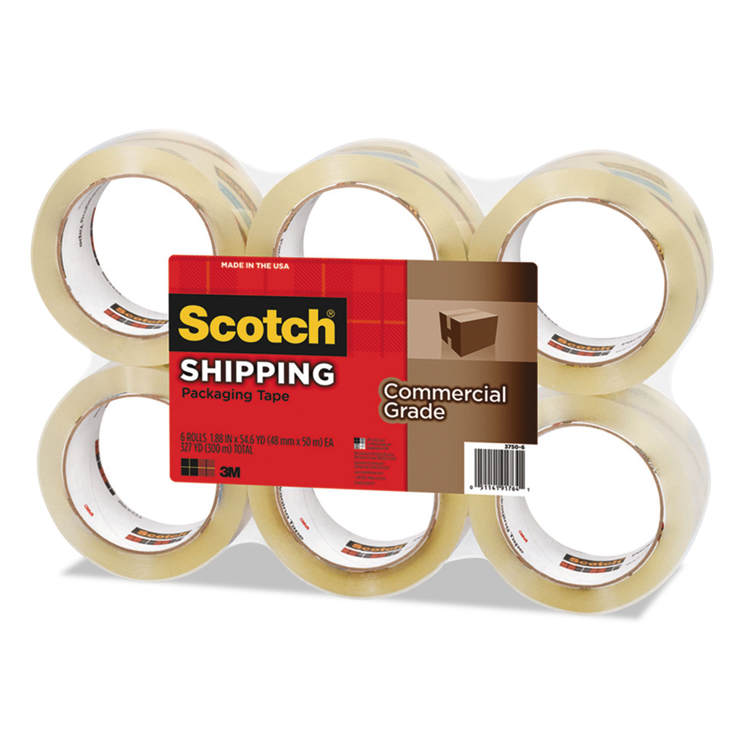 3750 Commercial Grade Packaging Tape, 1.88 x 54.6yds, 3 Core, Clear, 6/Pack