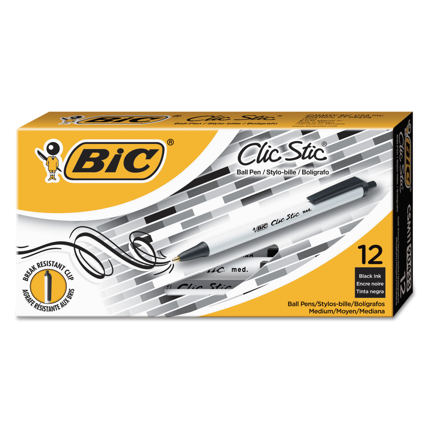  BIC CSM11 BLK Clic Stic Retractable Ballpoint Pen, Medium 1 mm, Black Ink, White Barrel, Dozen (BICCSM11BK) 