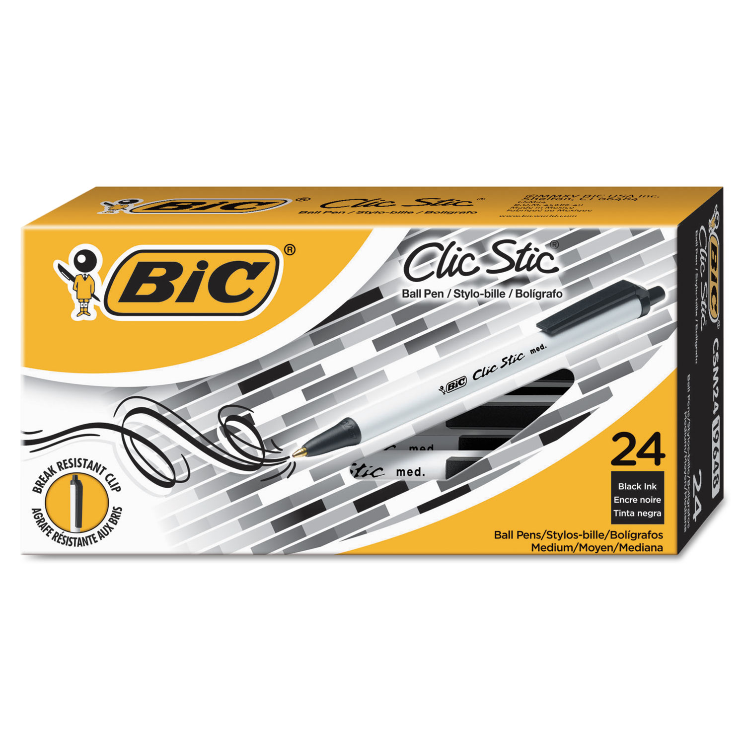  BIC CSM241-BK Clic Stic Retractable Ballpoint Pen, Medium 1 mm, Black Ink, White Barrel, 24/Pack (BICCSM241BK) 