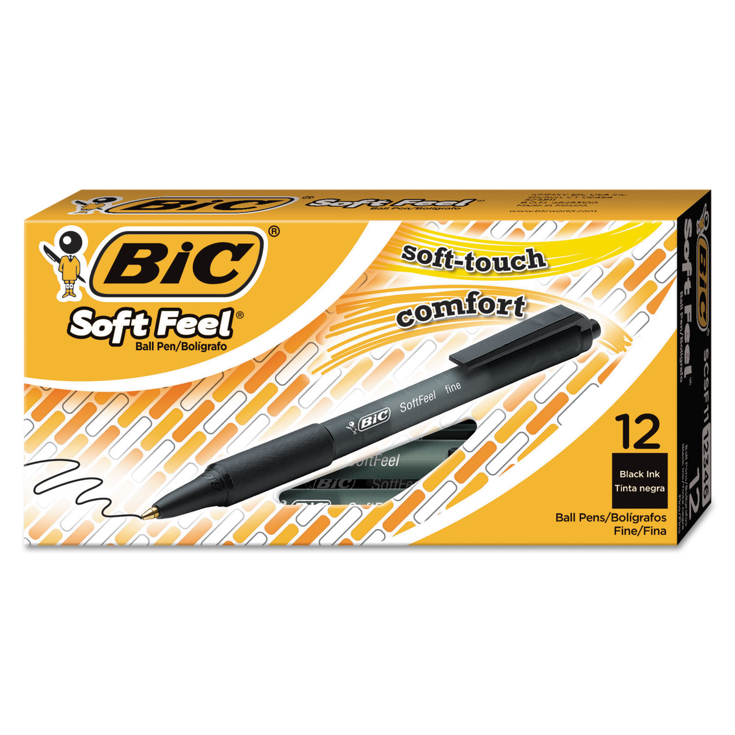  BIC SCSF11 BLK Soft Feel Retractable Ballpoint Pen, Fine 0.8mm, Black Ink/Barrel, Dozen (BICSCSF11BK) 