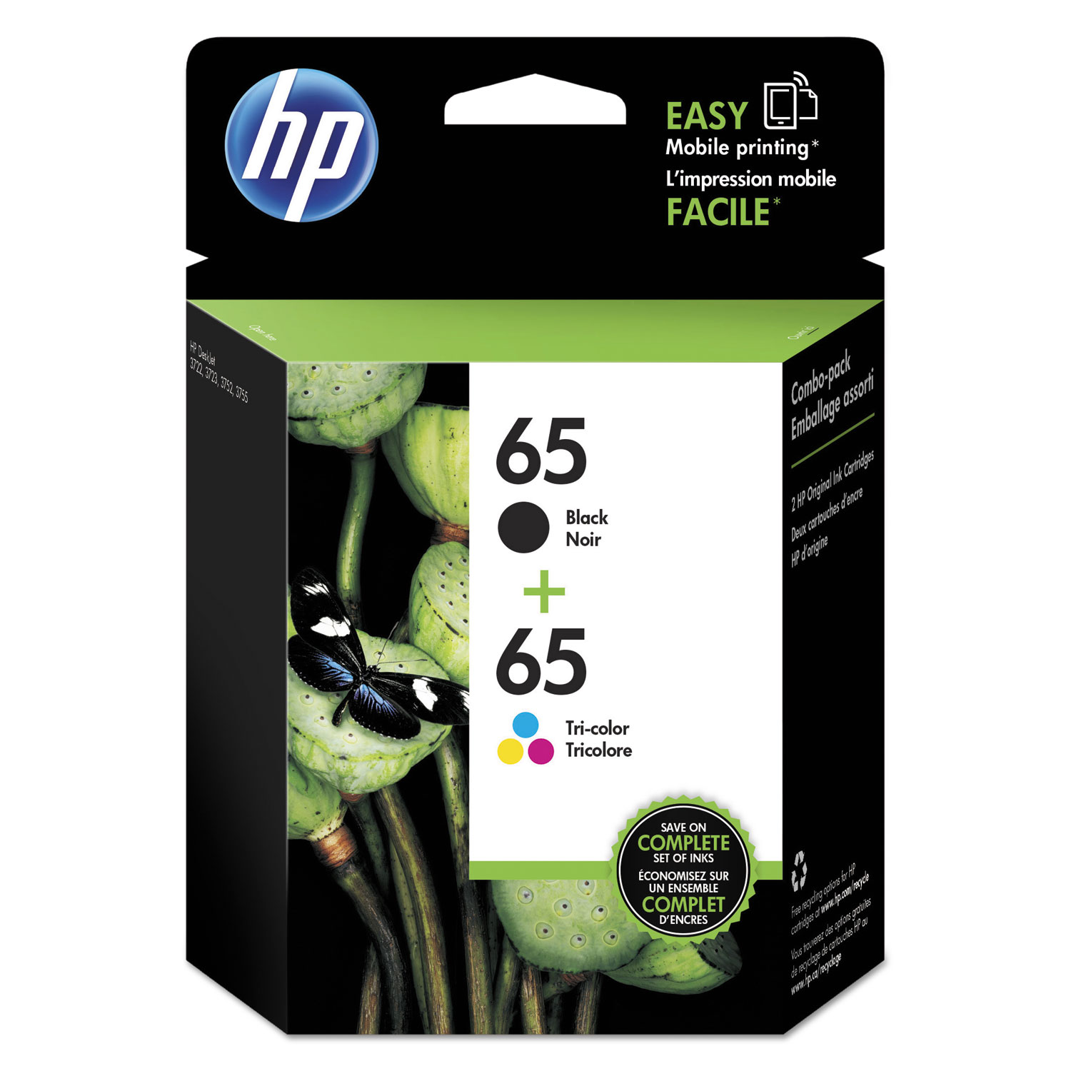  HP T0A36AN HP 65, (T0A36AN) 2-pack Black/Tri-Color Original Ink Cartridges (HEWT0A36AN) 
