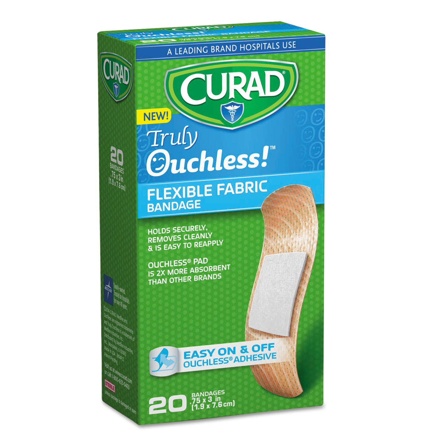 Ouchless Flex Fabric Bandages, 3/4 x 3, 20/Box