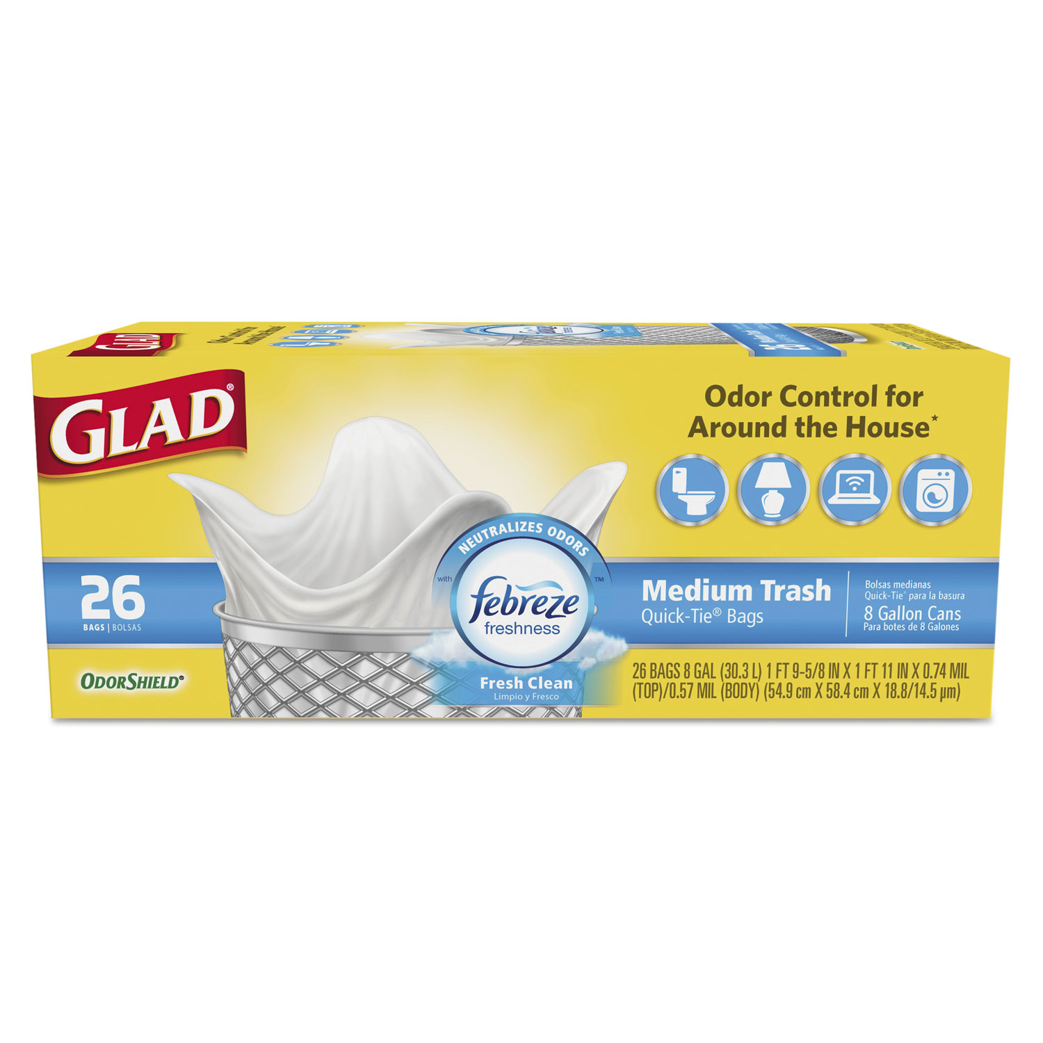  Glad 78815BX OdorShield Medium Quick-Tie Trash Bags, 8 gal, 0.57 mil, 21.63 x 23, White, 26/Box (CLO78815BX) 