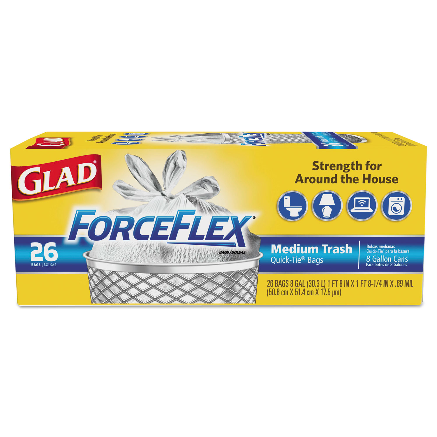  Glad 70403 ForceFlex Medium Quick-Tie Trash Bags, 0.69 mil, 8 gal, White, 26/Box (CLO70403BX) 