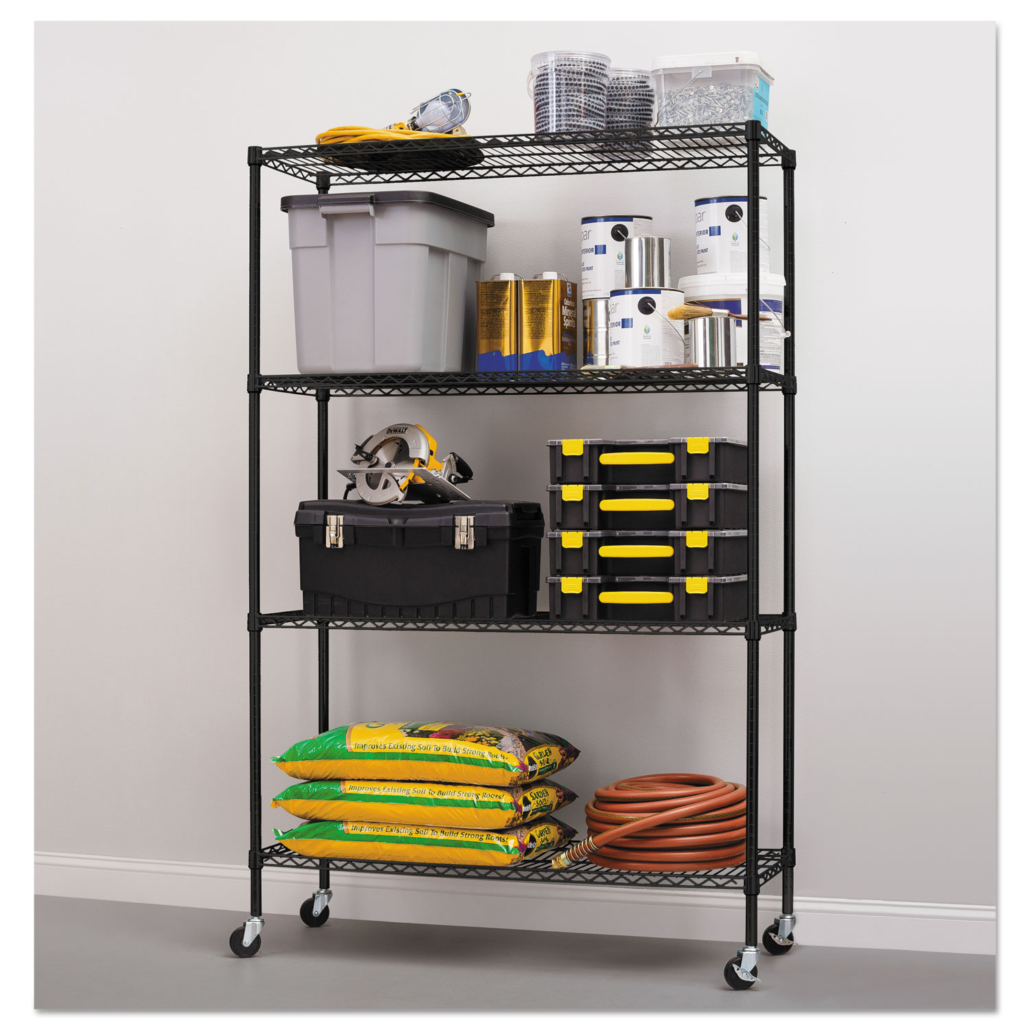 Complete Wire Shelving Unit w/Caster, Four-Shelf, 48 x 18 x 72, Black