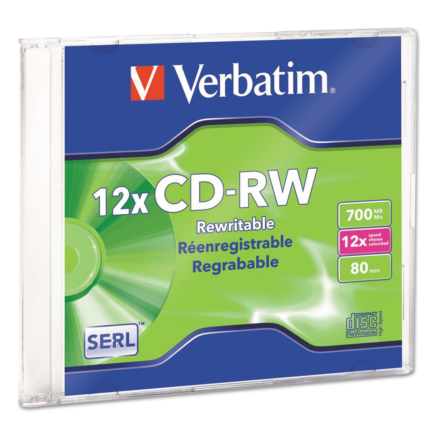  Verbatim 95161 CD-RW, 700MB, 4X-12X High Speed, Branded Surface, 1/PK Slim Case (VER95161) 