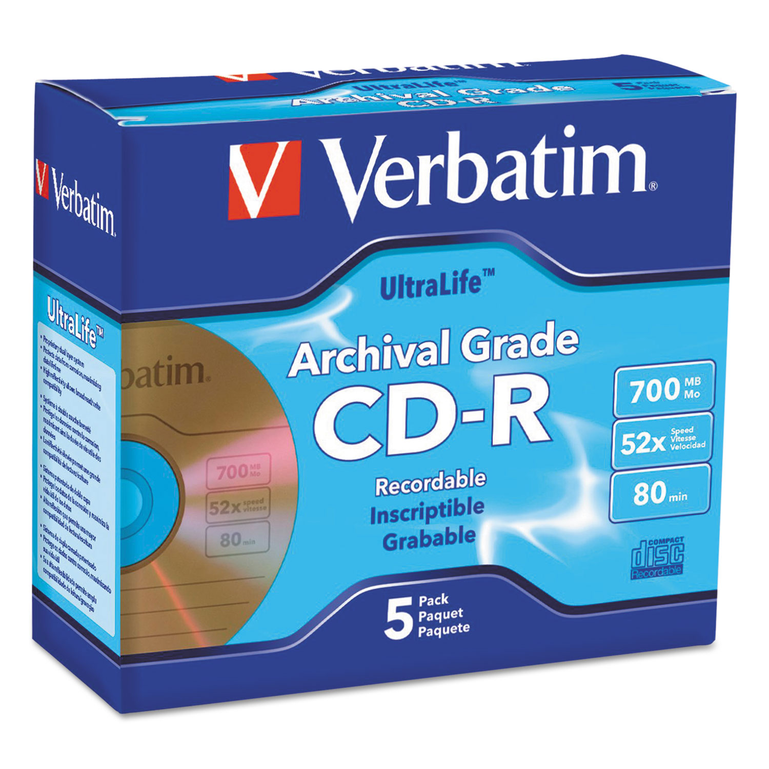  Verbatim 96319 UltraLife Gold Archival Grade CD-R w/Branded Surface, 700MB 52X, 5/PK Jewel Case (VER96319) 