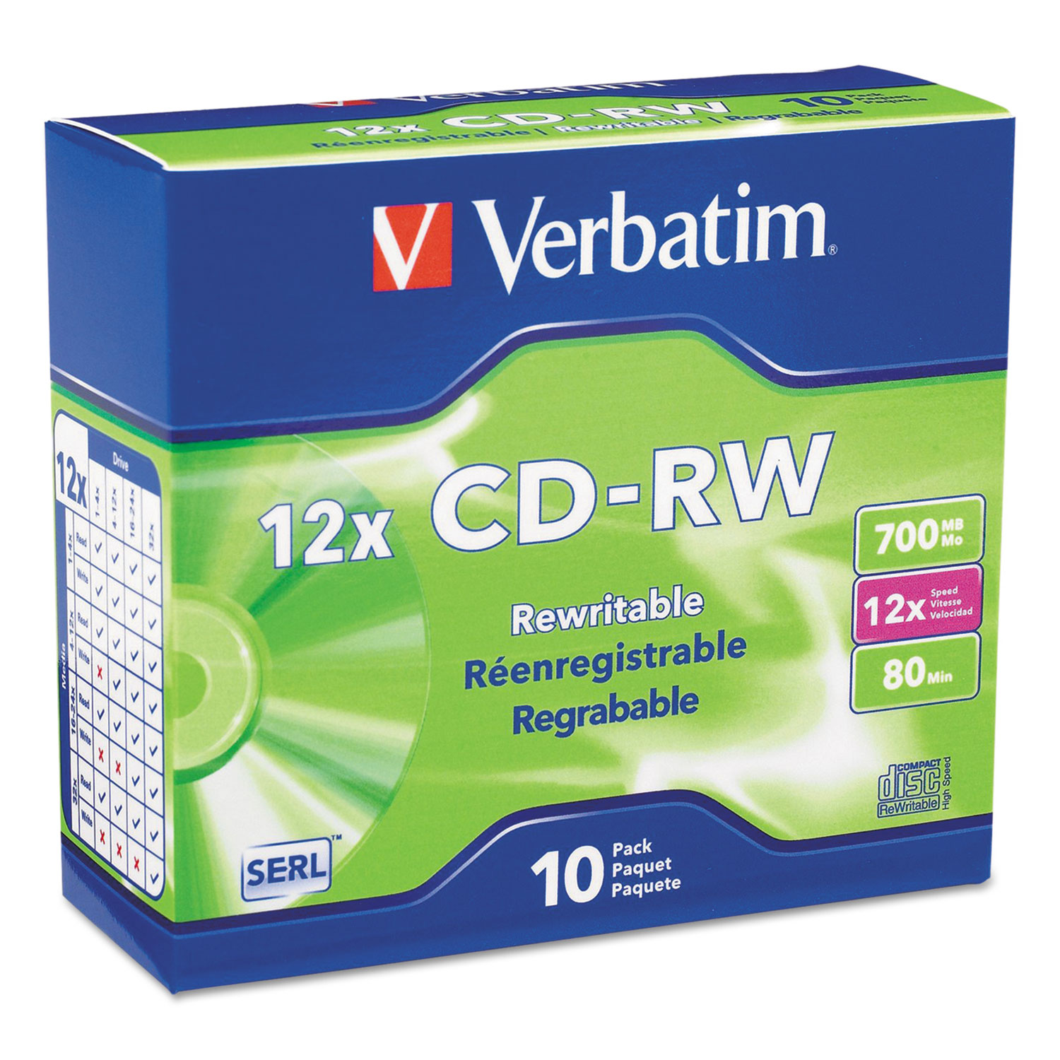  Verbatim 95156 CD-RW, 700MB, 4X-12X High Speed, Branded Surface, 10/PK Slim Case (VER95156) 