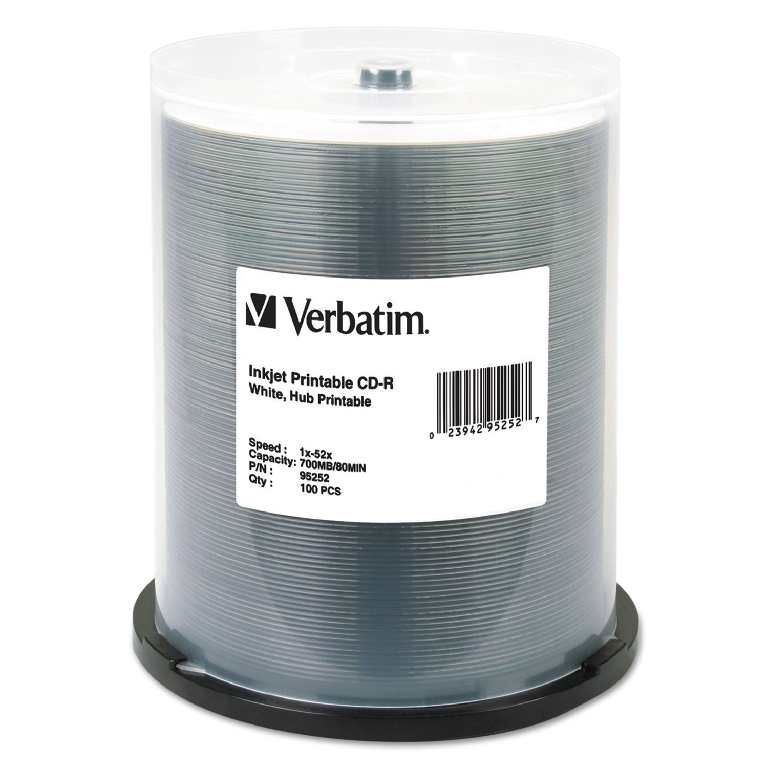  Verbatim 95252 CD-R, 700MB, 52X, White Inkjet Printable, Hub Printable, 100/PK Spindle (VER95252) 