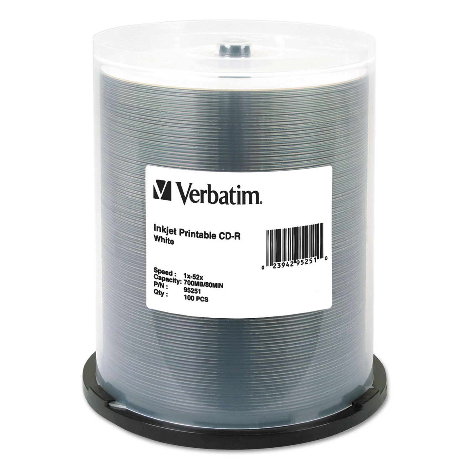  Verbatim 95251 CD-R, 700MB, 52X, White Inkjet Printable, 100/PK Spindle (VER95251) 