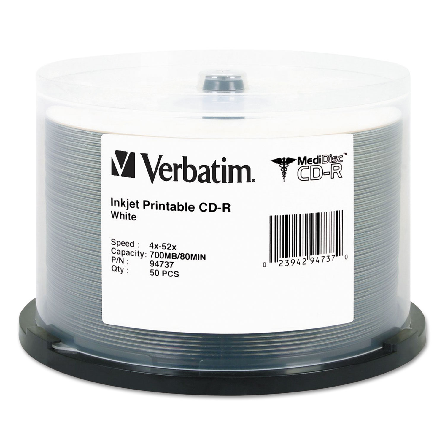  Verbatim 94737 MediDisc CD-R, 700MB, 52X, White Inkjet with Branded Hub, 50/PK Spindle (VER94737) 