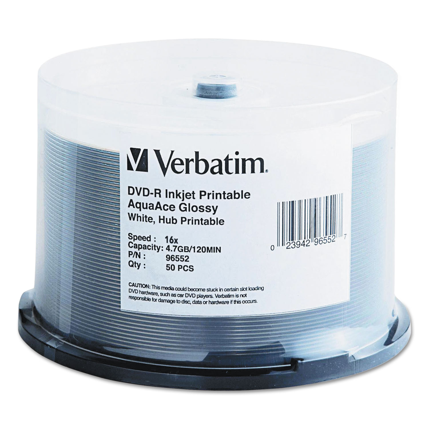 Verbatim 96552 AquaAce DVD-R, 4.7GB, 16X, Glossy Inkjet Printable, Hub Printable, 50/PK Spindle (VER96552) 
