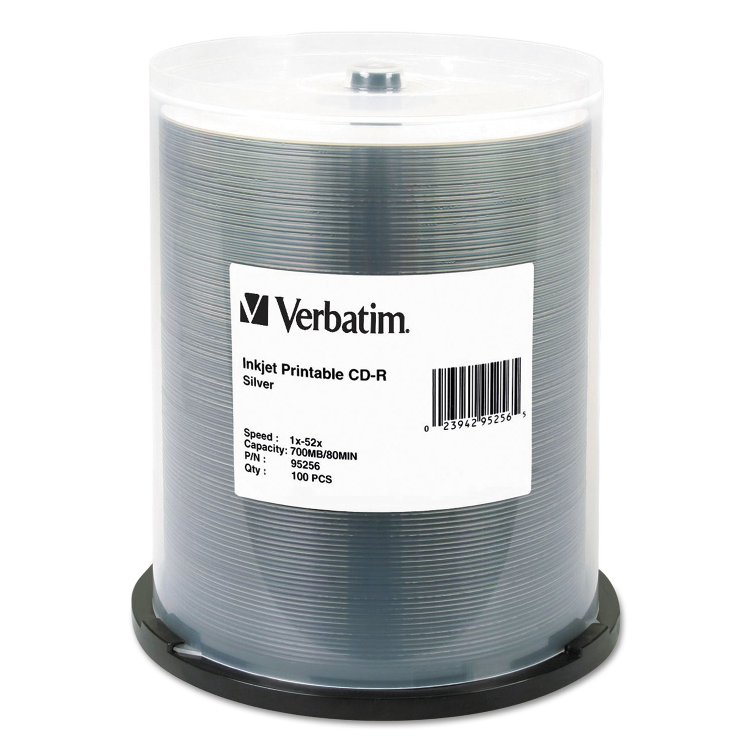  Verbatim 95256 CD-R, 700MB, 52X, Silver Inkjet Printable, 100/PK Spindle (VER95256) 