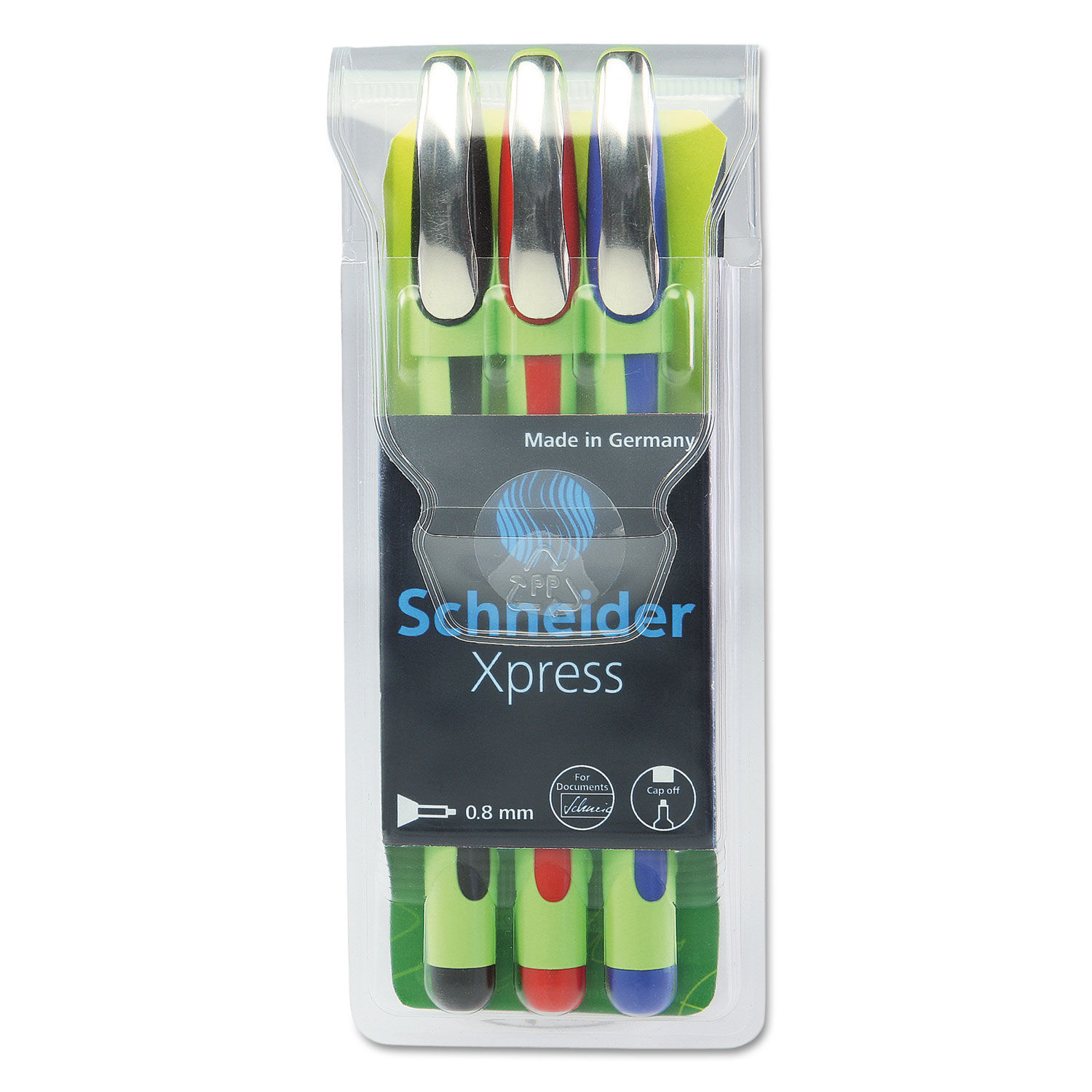  Stride 190093_ Schneider Xpress Fineliner Stick Pen, 0.8mm, Assorted Ink, Green Barrel, 3/Pack (STW190093) 