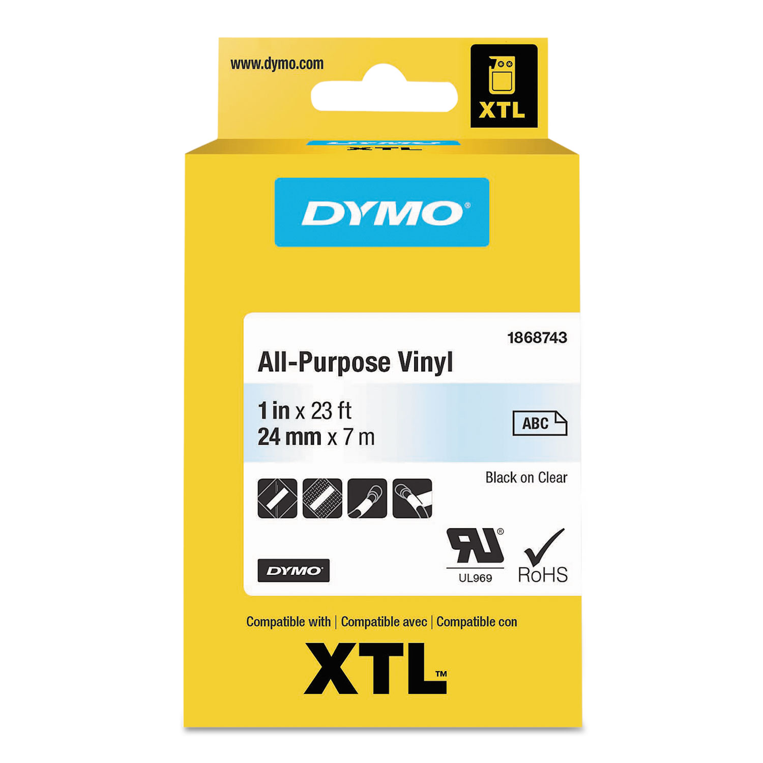  DYMO 1868743 XTL All-Purpose Vinyl Labels, 1 x 24.6 ft, Clear/Black Print (DYM1868743) 