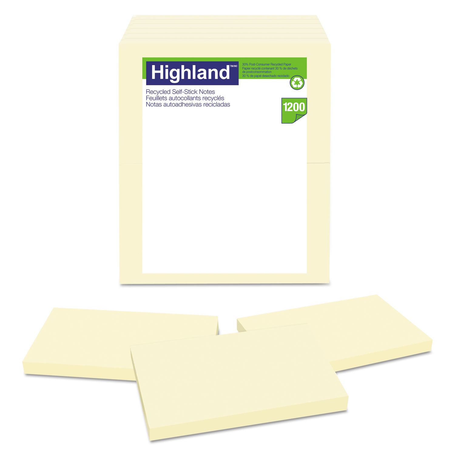  Highland 6559RP Recycled Self Stick Notes, 3 x 5, Yellow, 100 Sheets/Pad, 12 Pads/Pack (MMM6559RP) 