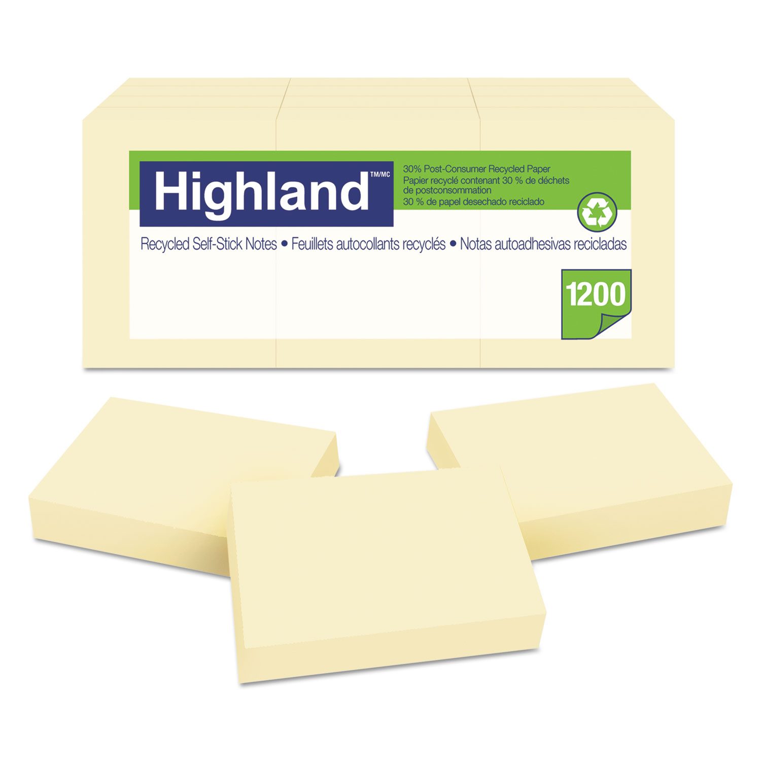  Highland 6539RP Recycled Self-Stick Notes, 1 3/8 x 1 7/8, Yellow, 100 Sheets/Pad, 12 Pads/Pack (MMM6539RP) 