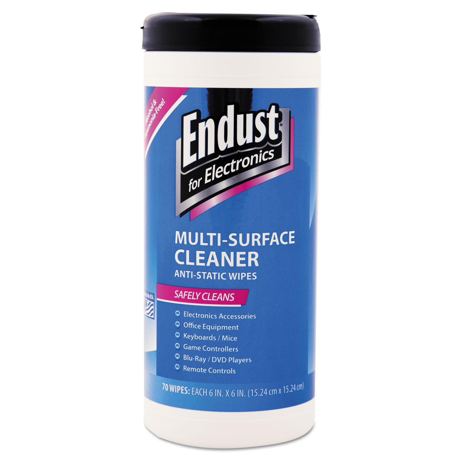  Endust 259000 Antistatic Premoistened Wipes for Electronics, Cloth, 6 x 6, 70/Tub (END259000) 