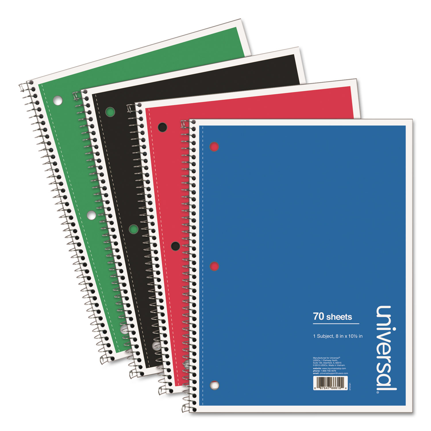 1 Sub. Wirebound Notebook, 10 1/2 x 8, Wide Rule, 70 Sht, Assorted Covers, 4/PK