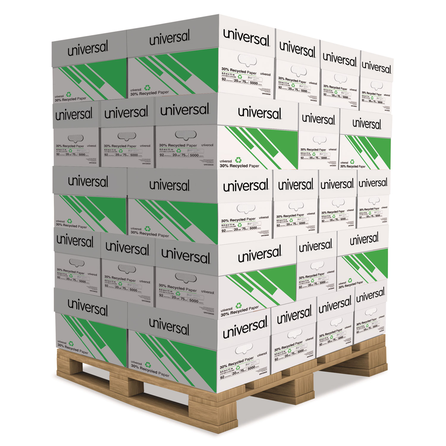  Universal UNV20030PLT 30% Recycled Copy Paper, 92 Bright, 20lb, 8.5 x 11, White, 500 Sheets/Ream, 10 Reams/Carton, 40 Cartons/Pallet (UNV20030PLT) 