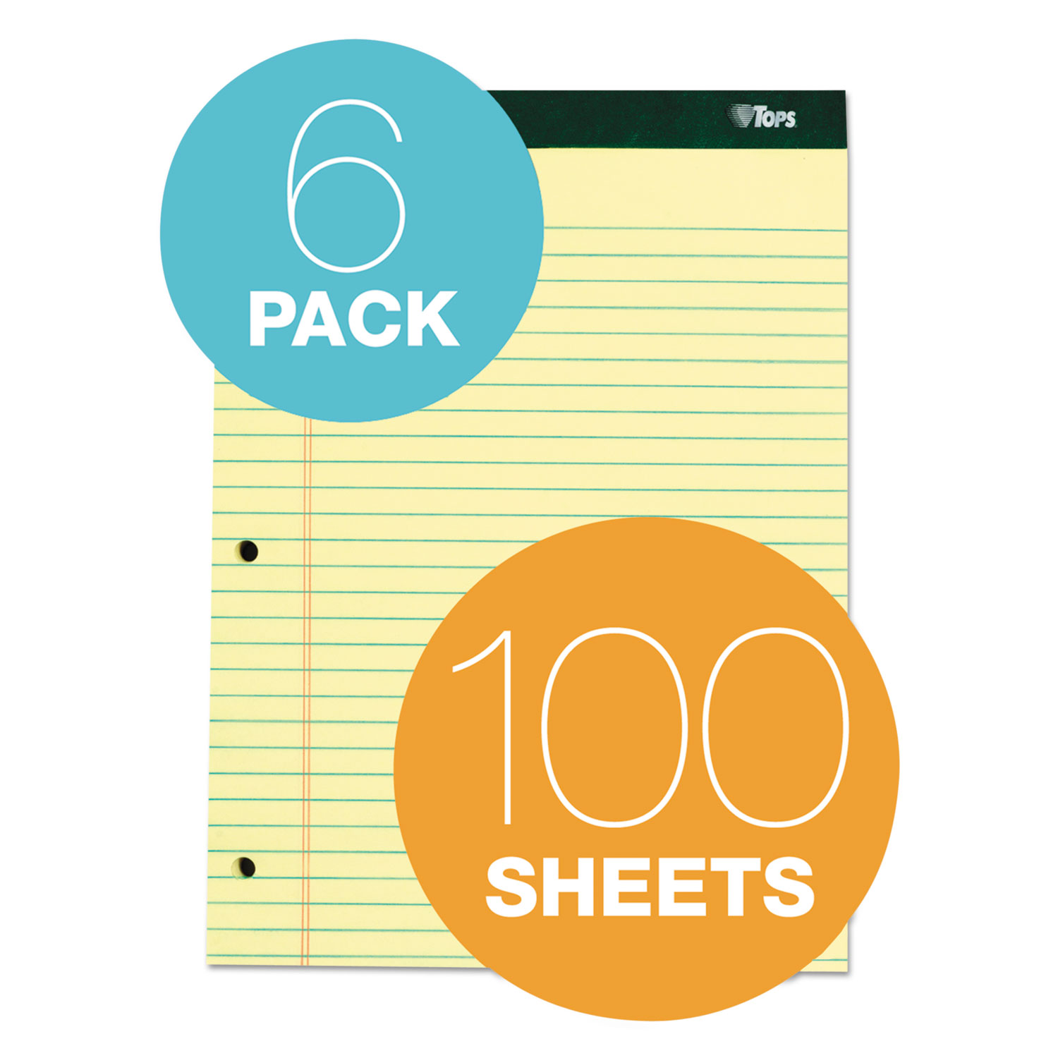 Double Docket Ruled Pads, 8 1/2 x 11 3/4, Canary, 100 Sheets, 6 Pads/Pack