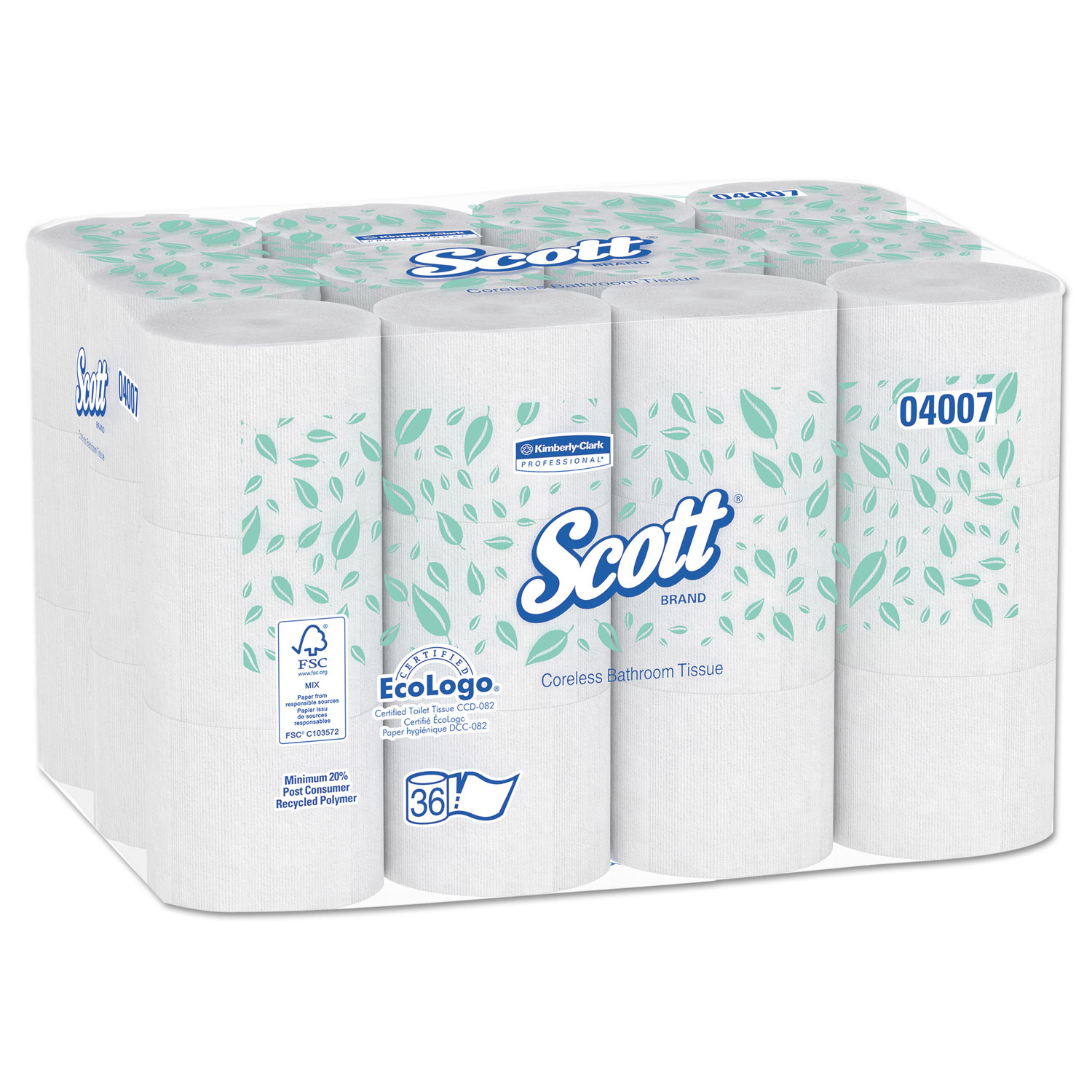  Scott 4007 Essential Coreless SRB Bathroom Tissue, Septic Safe, 2-Ply, White, 1000 Sheets/Roll, 36 Rolls/Carton (KCC04007) 