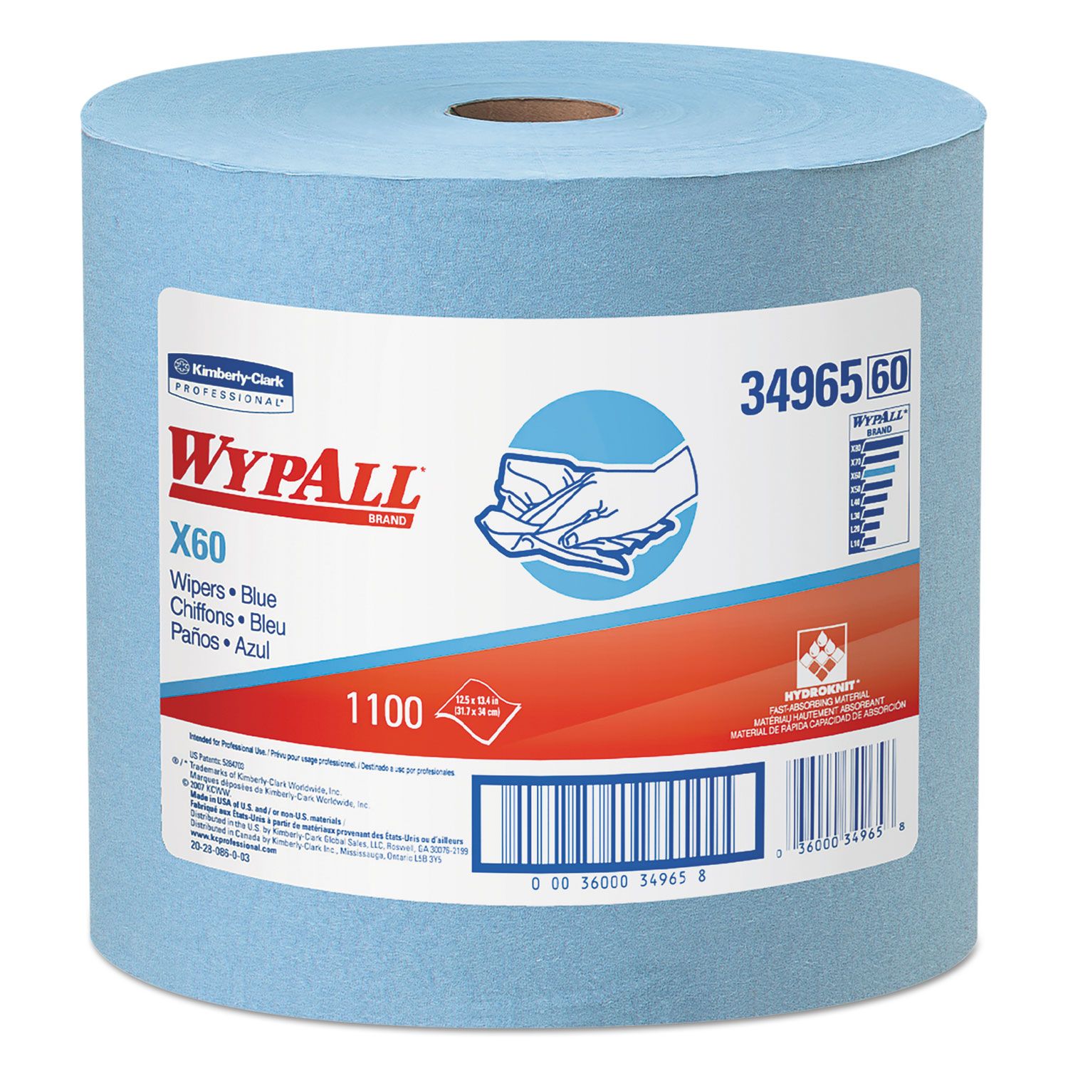  WypAll 34965 X60 Cloths, Jumbo Roll, 12 1/2 x 13 2/5, Blue, 1100/Roll (KCC34965) 