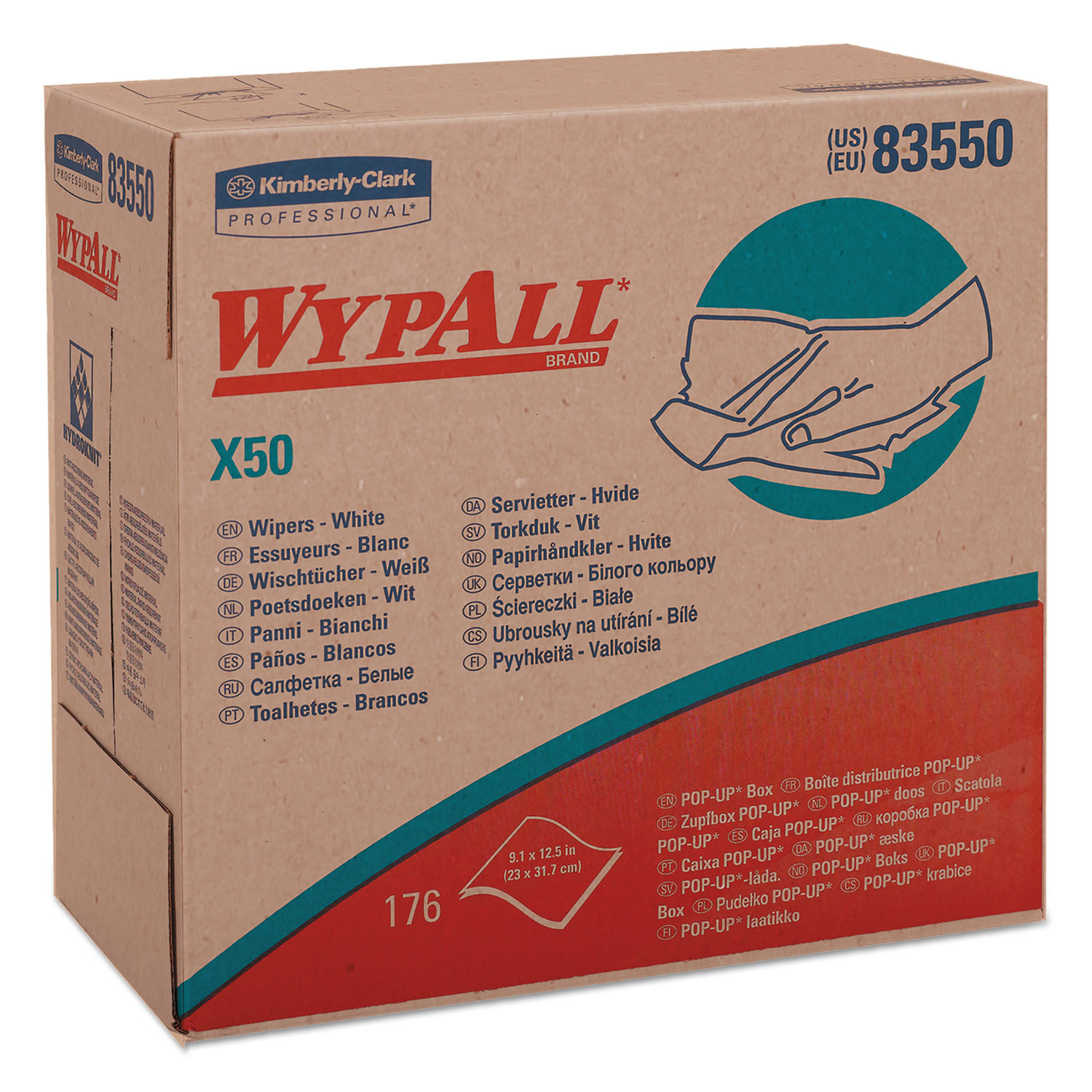  WypAll KCC 83550 X50 Cloths, POP-UP Box, 9 1/10 x 12 1/2, White, 176/Box, 10 Boxes/Carton (KCC83550) 