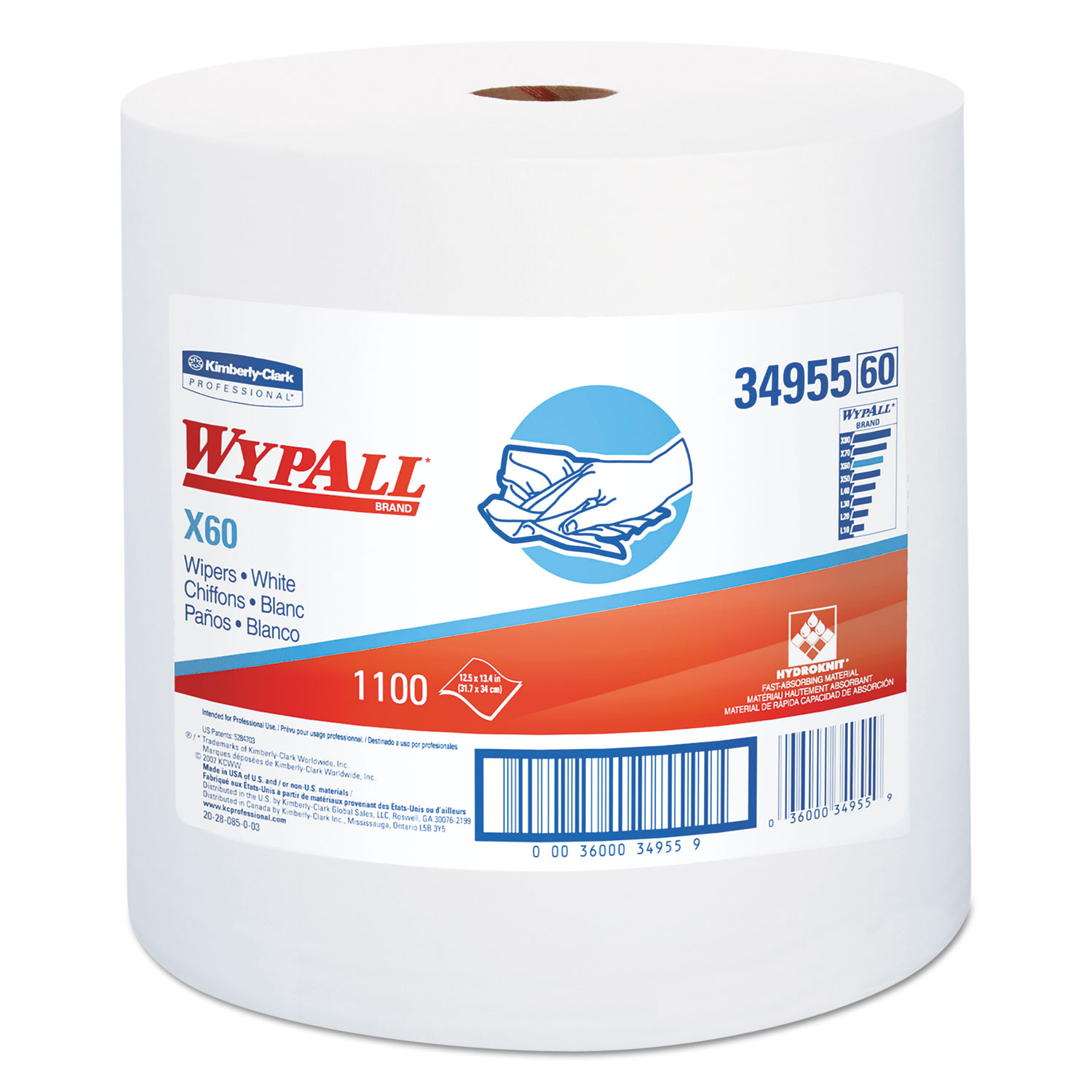  WypAll 34955 X60 Cloths, Jumbo Roll, White, 12 1/2 x 13 2/5, 1100 Towels/Roll (KCC34955) 
