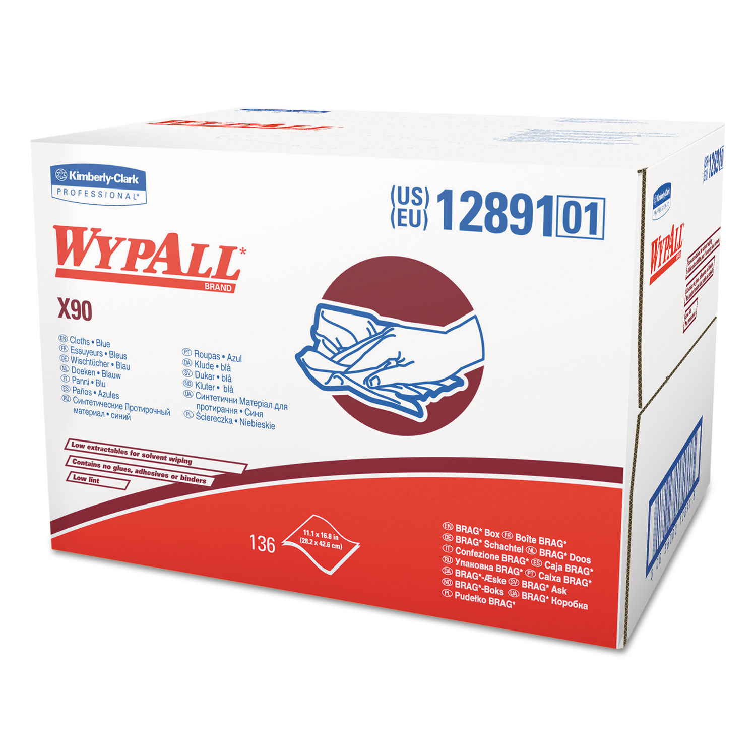  WypAll KCC 12891 X90 Cloths, Brag Box, 11 1/10 x 16 4/5, Denim Blue, 136/Box, 1 Box/Carton (KCC12891) 