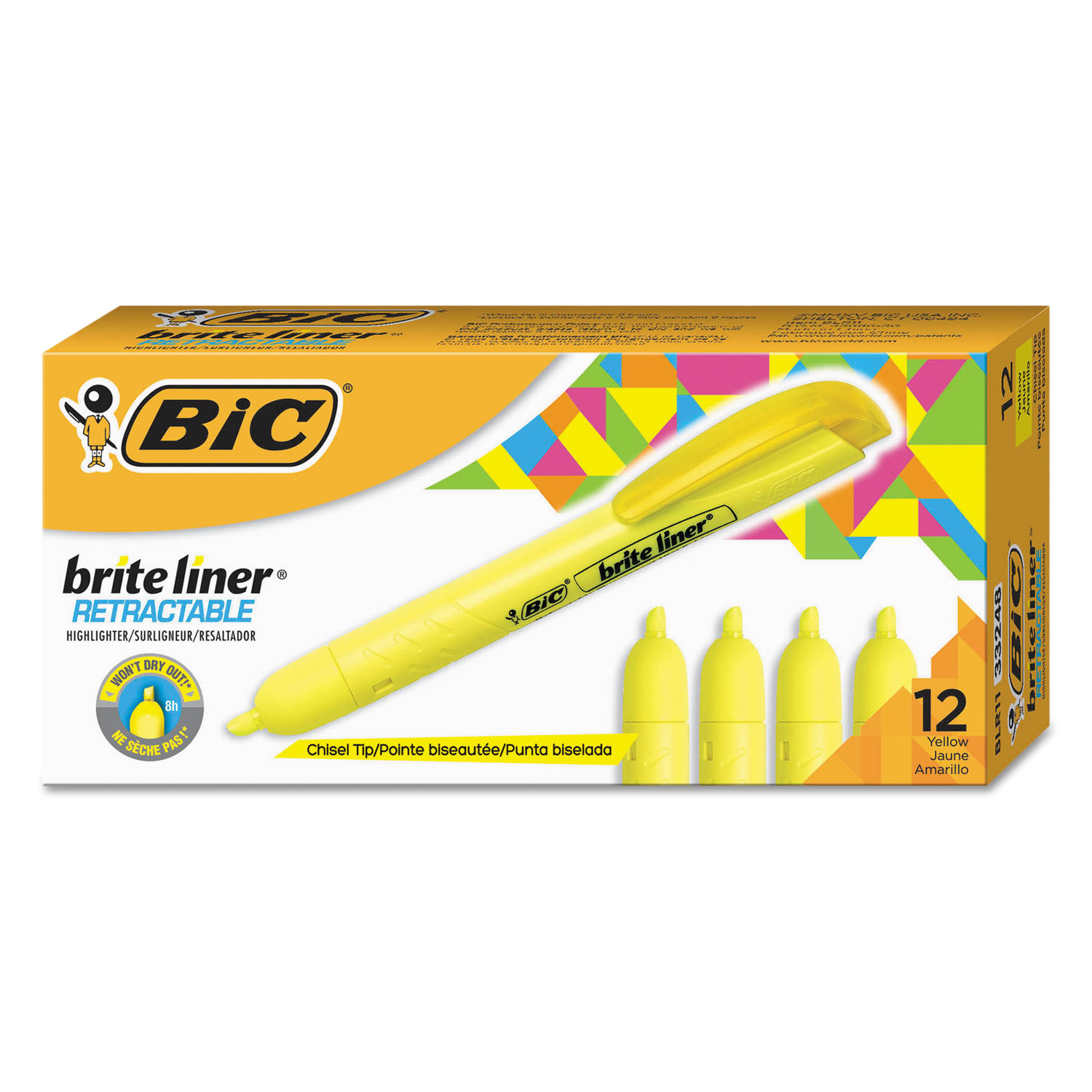  BIC BLR11-YW Brite Liner Retractable Highlighter, Chisel Tip, Fluorescent Yellow, Dozen (BICBLR11YW) 