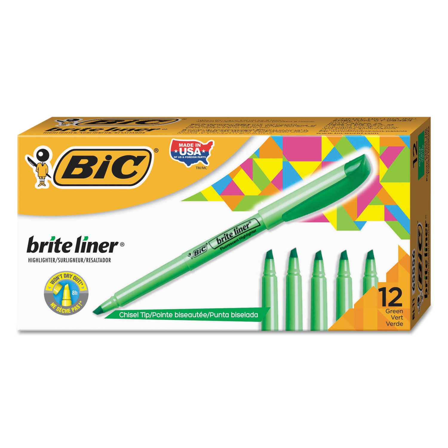  BIC BL11 GRN Brite Liner Highlighter, Chisel Tip, Fluorescent Green, Dozen (BICBL11GN) 