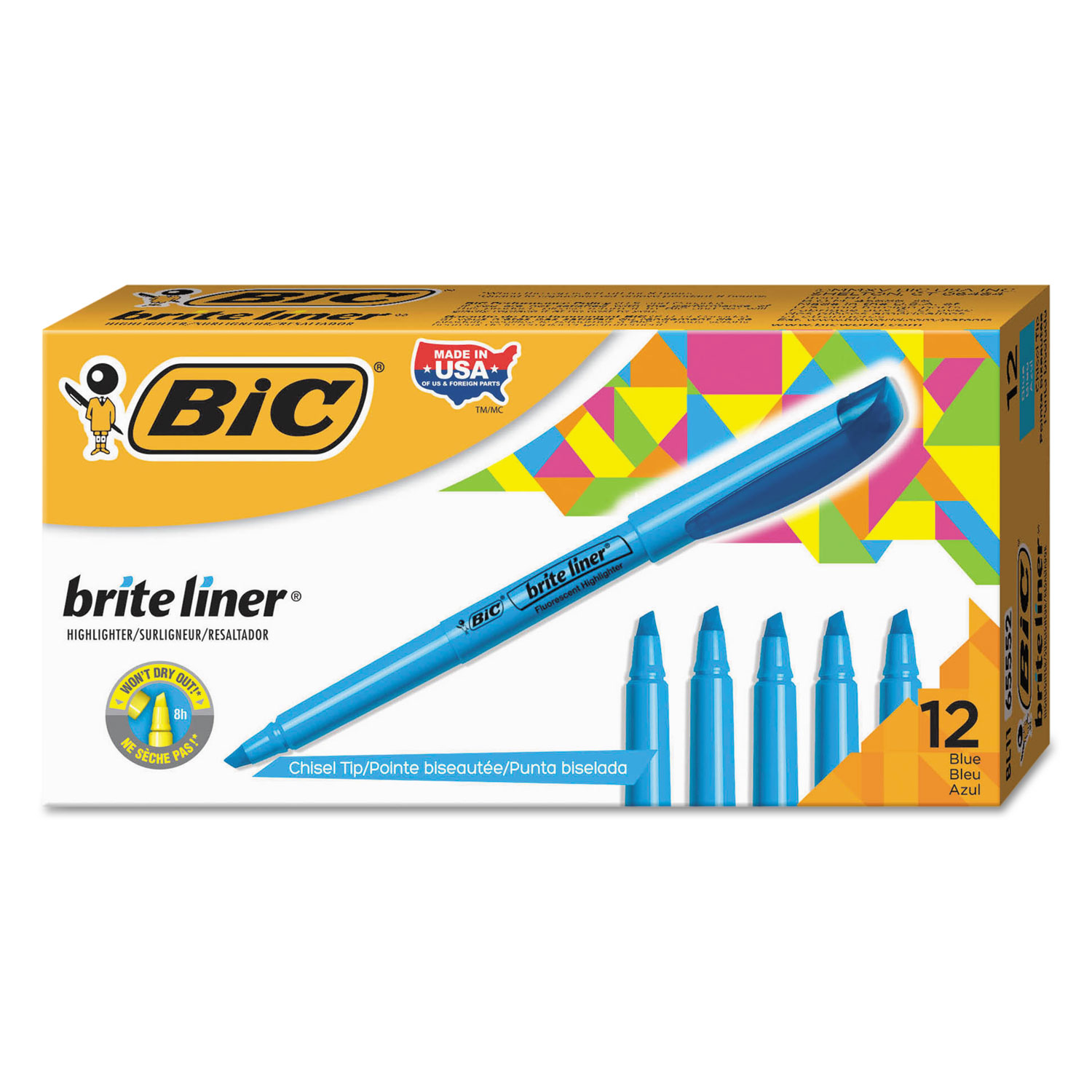  BIC BL11 BLU Brite Liner Highlighter, Chisel Tip, Fluorescent Blue, Dozen (BICBL11BE) 
