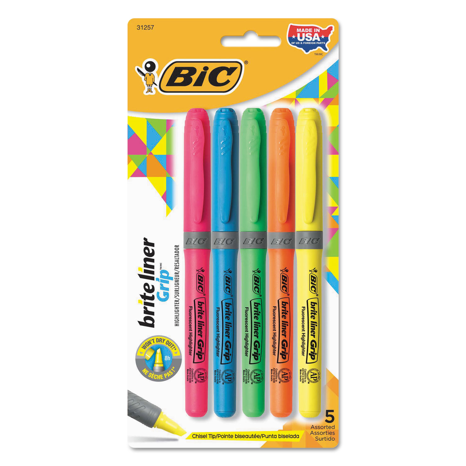  BIC GBLP51ASST Brite Liner Grip Pocket Highlighter , Chisel Tip, Assorted Colors, 5/Set (BICGBLP51ASST) 