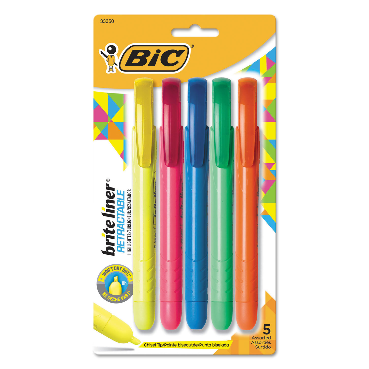  BIC BLRP51-ASST Brite Liner Retractable Highlighter, Chisel Tip, Assorted Colors, 5/Set (BICBLRP51ASST) 