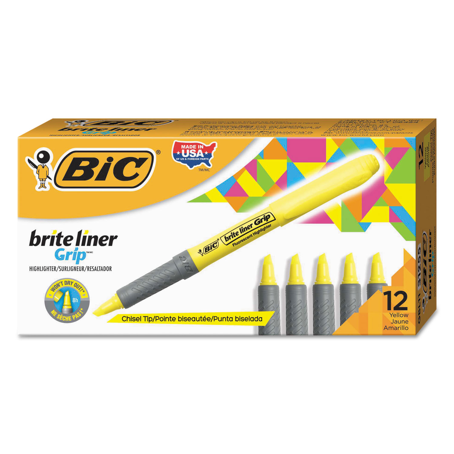  BIC GBL11YW Brite Liner Grip Pocket Highlighter , Chisel Tip, Fluorescent Yellow, Dozen (BICGBL11YW) 