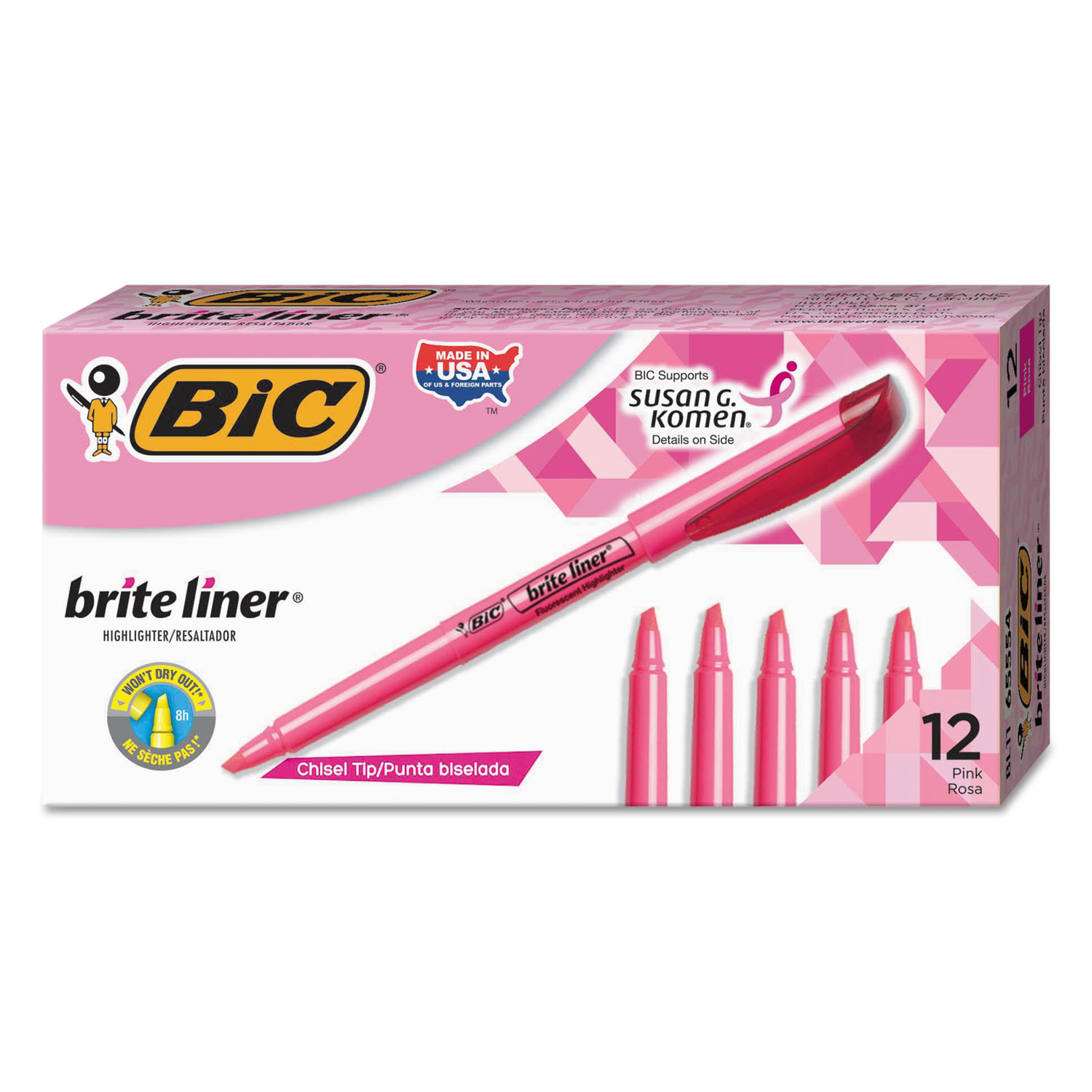  BIC BL11 PNK Brite Liner Highlighter, Chisel Tip, Fluorescent Pink, Dozen (BICBL11PK) 