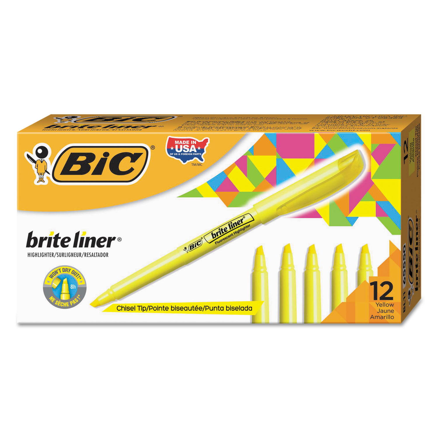  BIC BL11 YEL Brite Liner Highlighter, Chisel Tip, Fluorescent Yellow, Dozen (BICBL11YW) 
