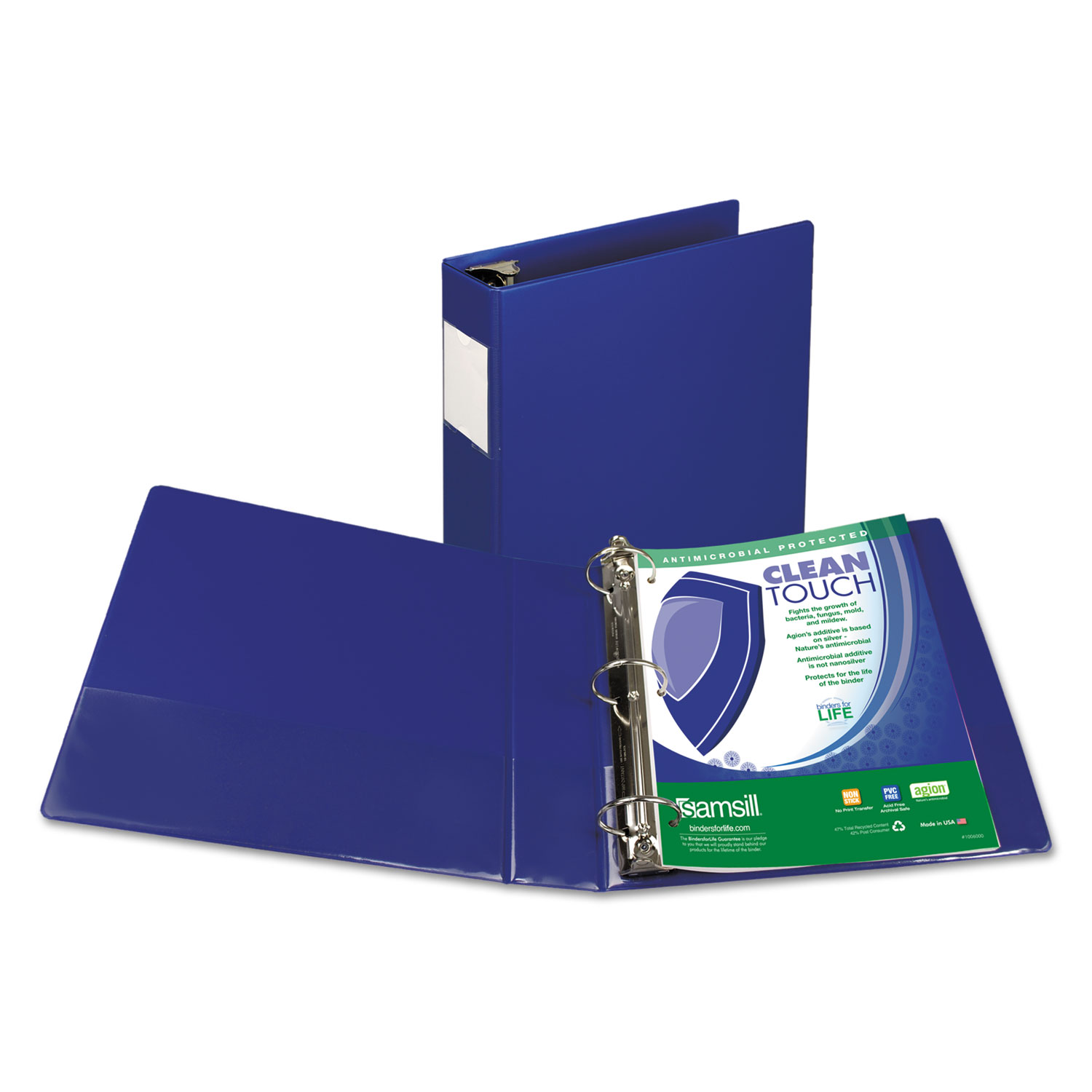 Clean Touch Locking Round Ring Reference Binder, Antimicrobial, 2 Cap, Blue