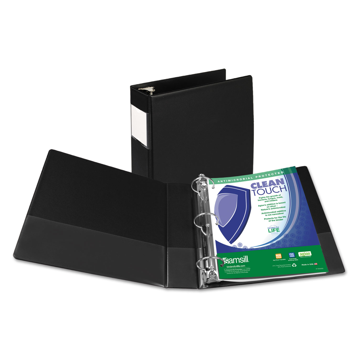 Clean Touch Locking Round Ring Reference Binder, Antimicrobial, 2 Cap, Black