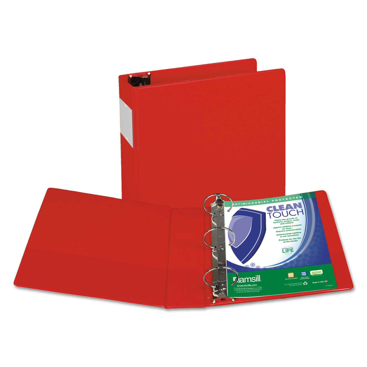 Clean Touch Locking Round Ring Reference Binder, Antimicrobial, 3 Cap, Red