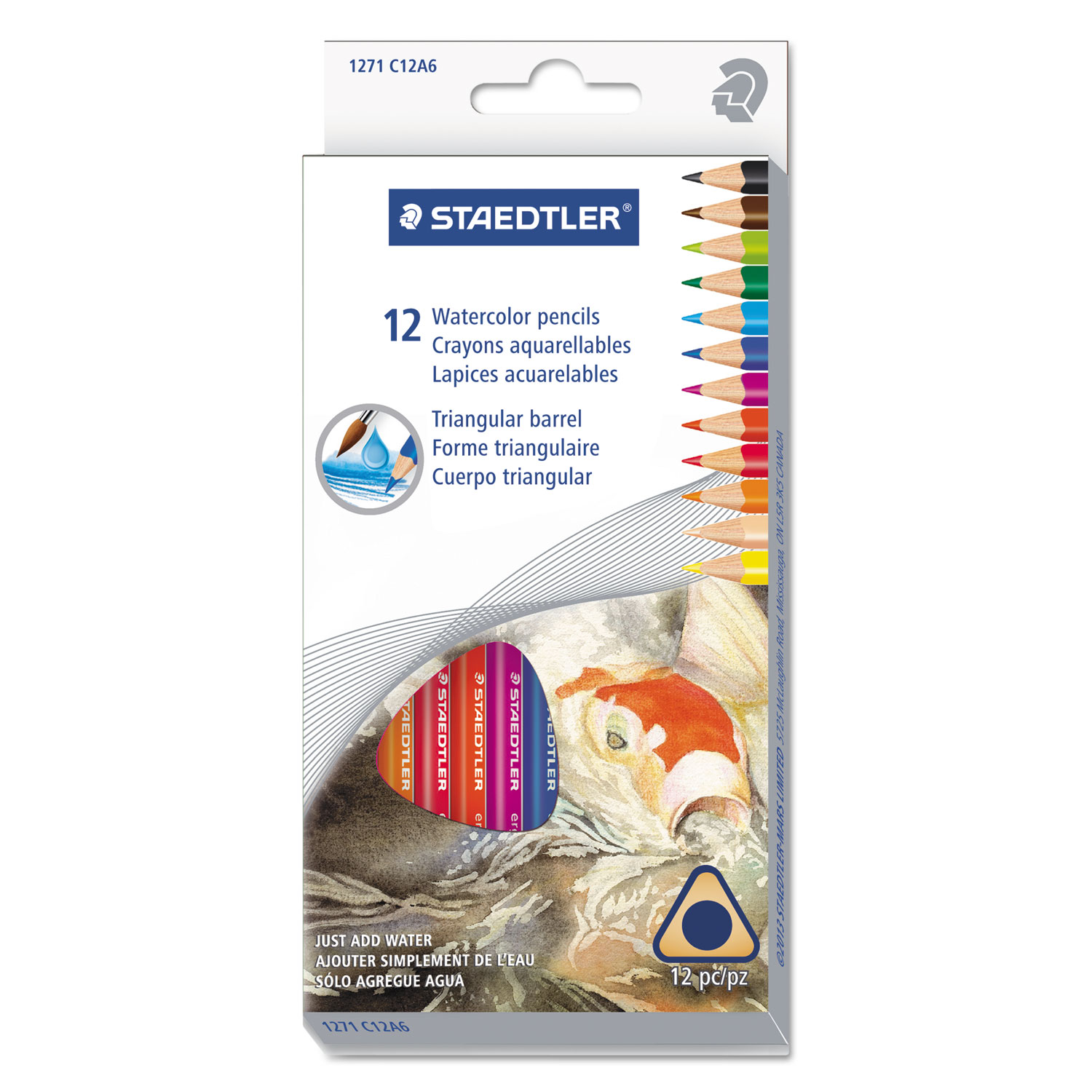  Staedtler 1271C12A6 Triangular Watercolor Pencil Set, 2.9 mm, H (#3), Assorted Lead/Barrel Colors, Dozen (STD1271C12A6) 