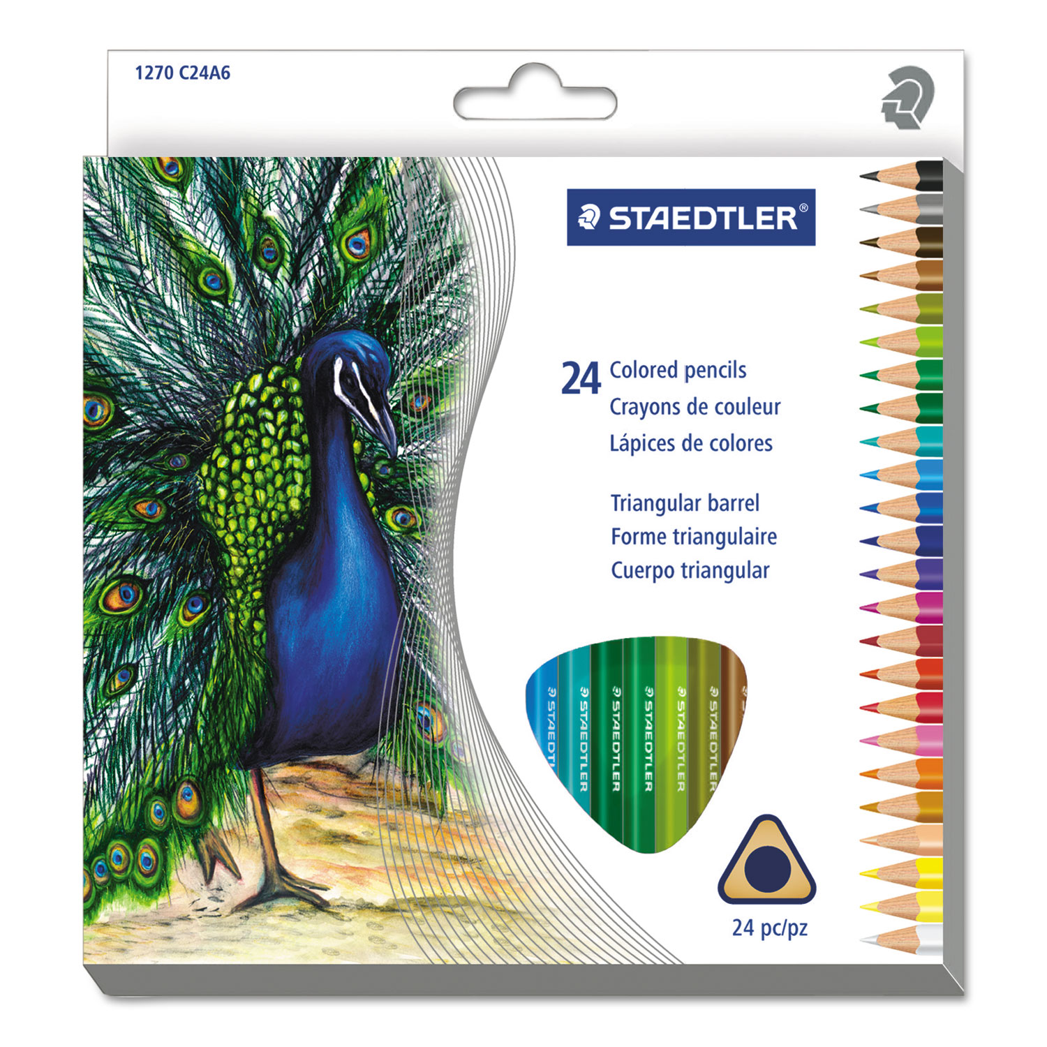  Staedtler 1270C24A6 Triangular Colored Pencil Set, 2.9 mm, H (#3), Assorted Lead/Barrel Colors, 24/Pack (STD1270C24A6) 