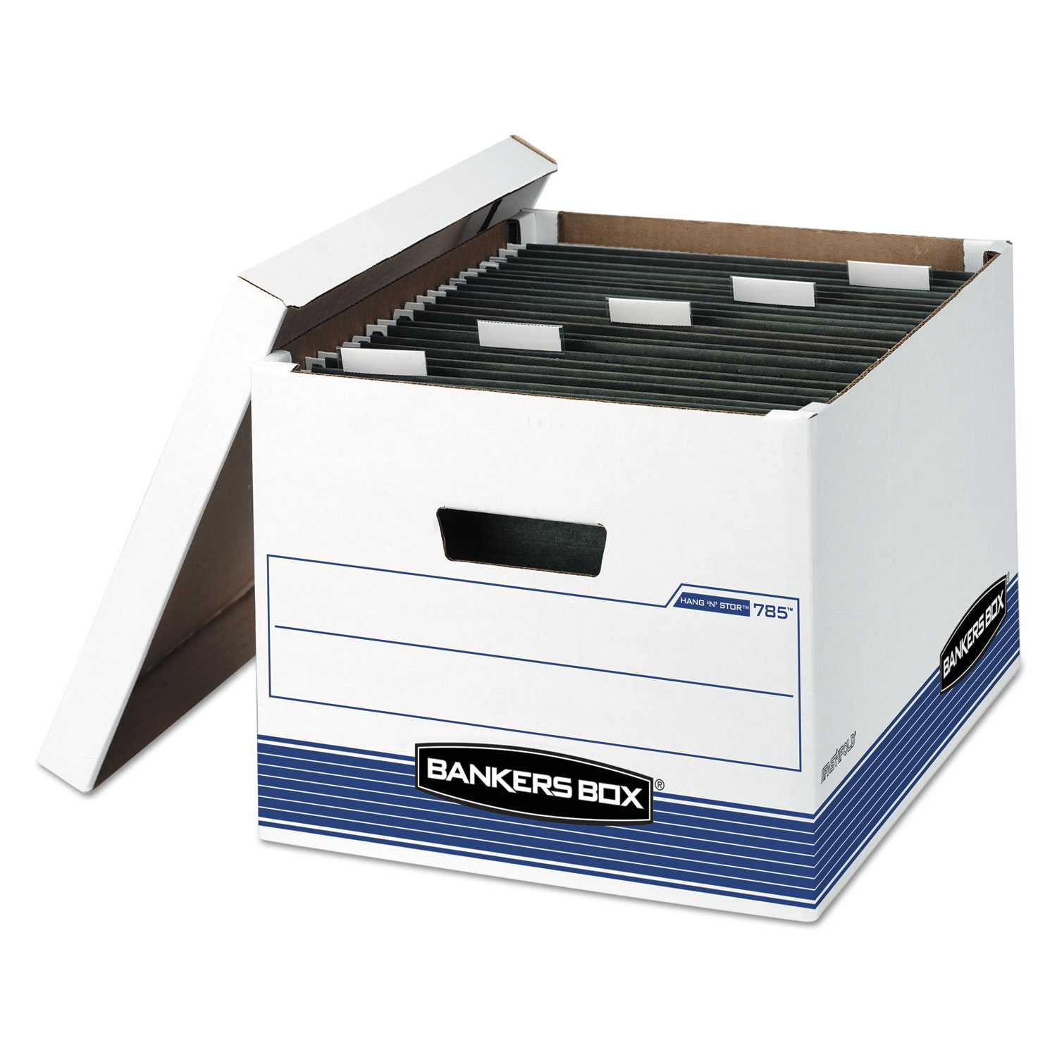  Bankers Box 00785 HANG'N'STOR Medium-Duty Storage Boxes, Letter/Legal Files, 13 x 16 x 10.5, White/Blue, 4/Carton (FEL00785) 