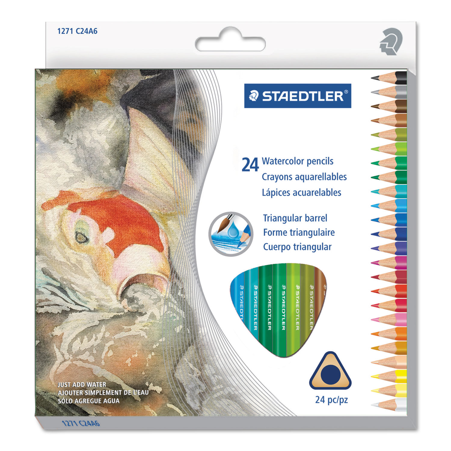  Staedtler 1271C24A6 Triangular Watercolor Pencil Set, 2.9 mm, H (#3), Assorted Lead/Barrel Colors, 24/Pack (STD1271C24A6) 