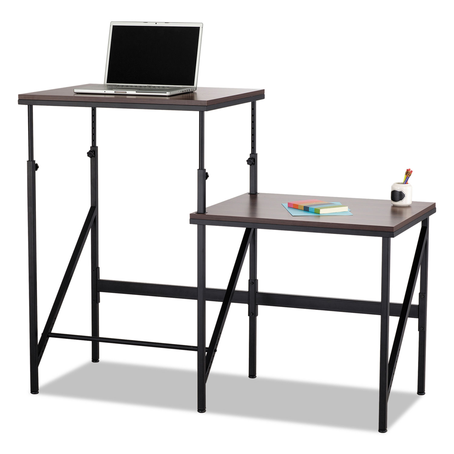 Bi-Level Standing Height Desk, 57 1/2w x 24d x 50h, Walnut/Black