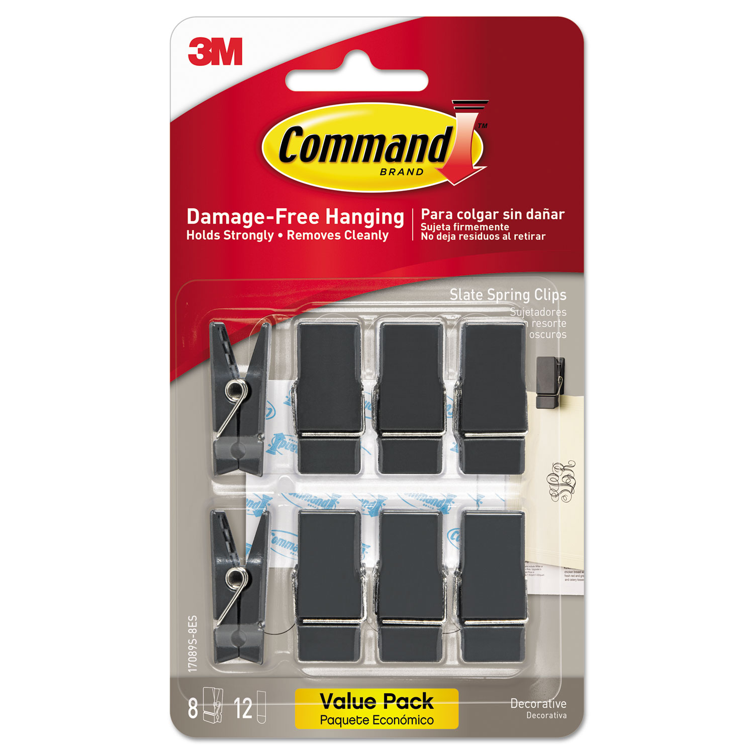  Command 17089S-8ES Spring Hook, 5/8w x 3/4d x 1 1/2h, Slate, 8 Hooks/Packs (MMM17089S8ES) 