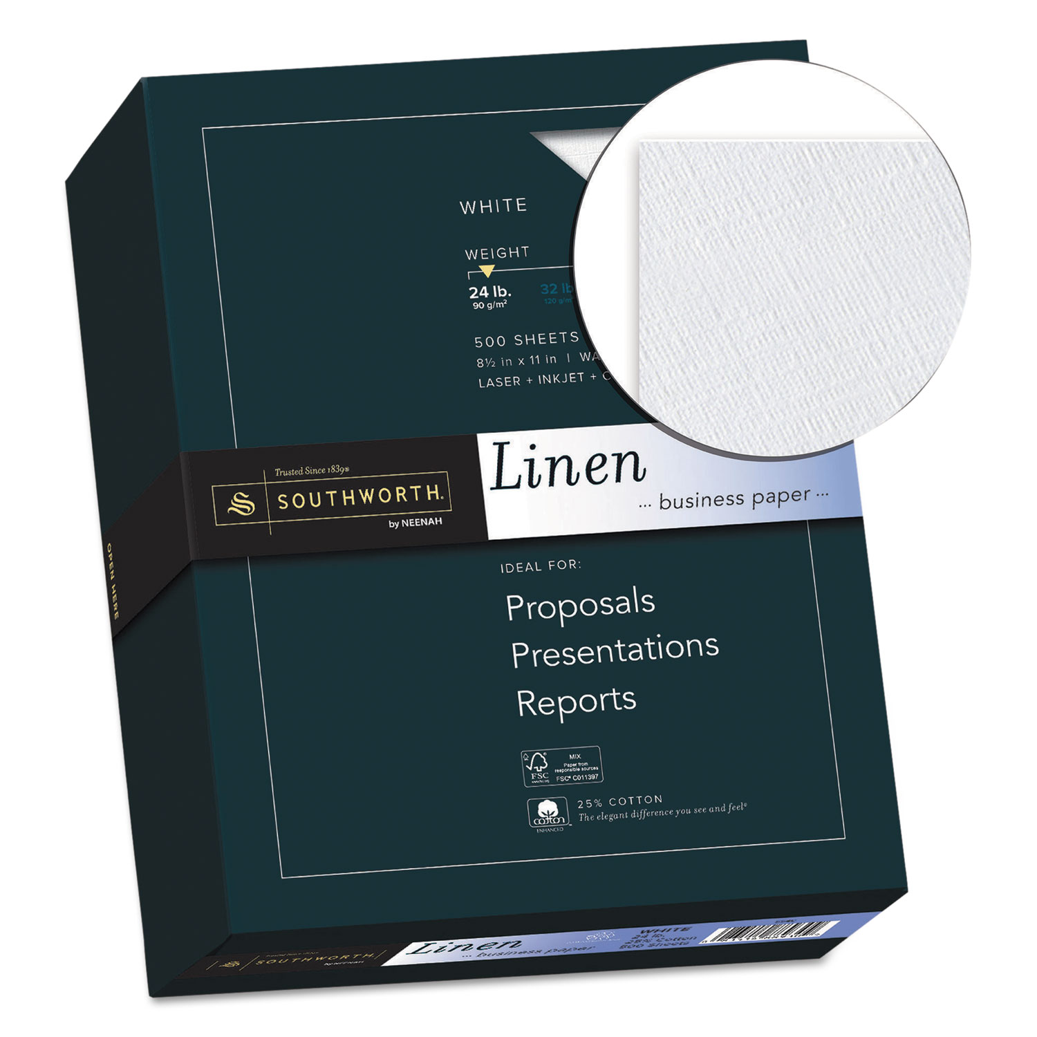 25% Cotton Linen Business Paper, 24lb, 91 Bright, 8 1/2 x 11, 500 Sheets