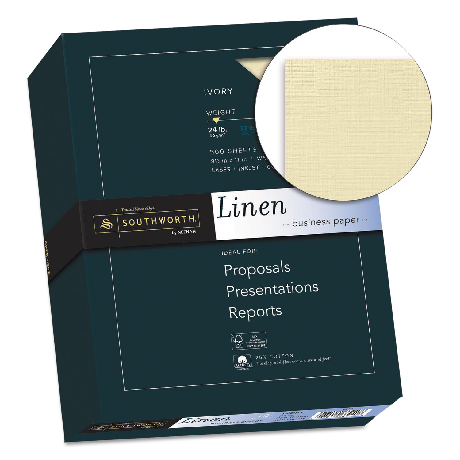 25% Cotton Linen Business Paper, Ivory, 24lb, 8 1/2 x 11, 500 Sheets