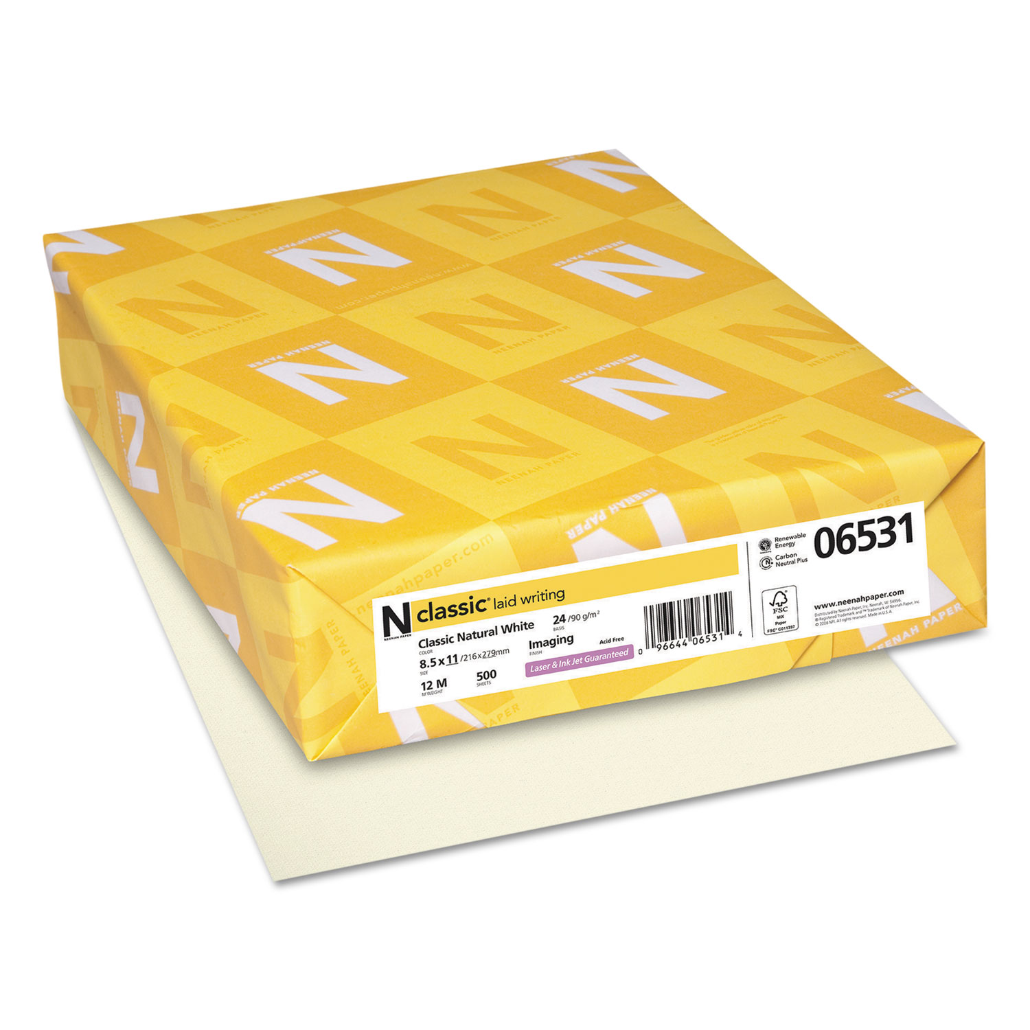  Neenah Paper 06531 CLASSIC Laid Stationery, 24 lb, 8.5 x 11, Classic Natural White, 500/Ream (NEE06531) 